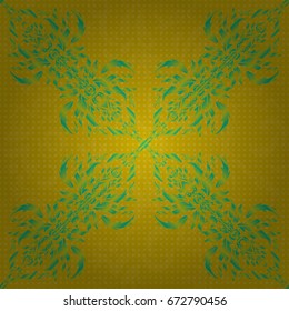 Christmas motley snowflakes seamless pattern. Symbol holiday, New Year 2018 celebration. Vector illustration. Green and yellow glitter snowflakes. Winter snow design wallpaper.