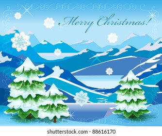 Christmas  mountain landscape with tree covered with deep snow