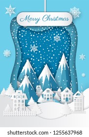 Christmas in Mountains. Night town and snow hill, fir-tree and snowflake with ice and sparkles. White foreground and blue background. Holiday postal vector