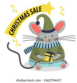 Christmas mouse announces the sale. Mouse animal in a suit. According to the Chinese calendar symbol of the new year 2020. 
Vector illustration.
