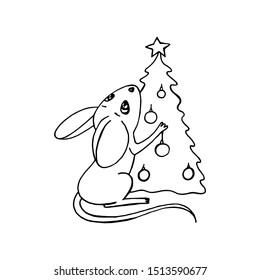 Christmas mouse character with decorated tree isolated vector illustration