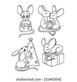 Christmas mouse characters set with decorated tree isolated vector illustration