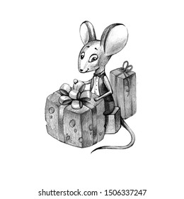 Christmas mouse with gifts. New Year, postman, symbol of the year, 2020, postcard.