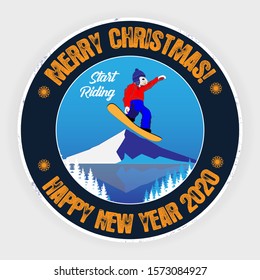 Christmas mouse on a snowboard. Jump on the background of the forest and mountains. For card or poster designs.