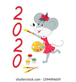 Christmas mouse is painting figures of New Year 2020 on the white background, illustration,vector