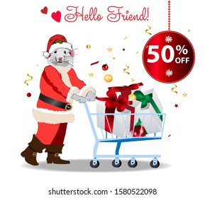 Christmas mouse in Santa's clothes with a cart with gifts. New Year and Christmas discounts. For design and greeting cards.