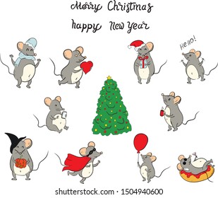 christmas mouses cute vector set of isolated illustration on white background. Concept for print, logo, icon, cards