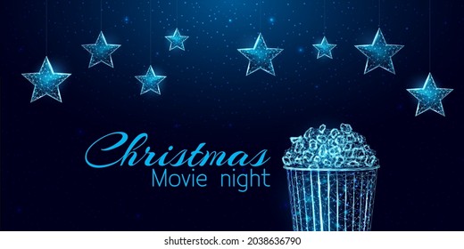 Christmas Movie night banner. Wireframe stars and light billboard, low poly style. Abstract modern 3d vector illustration on blue background.