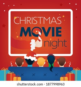 Christmas Movie Night Square Cover, Kids TV Party. Children, Gifts, Sofa, Screen On Red Background. Vector Illustration, Web Site Flyer, Invitation Template