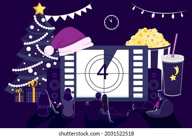 Christmas movie Young couple watching New year movie or TV on sofa in a christmas decorated interior of house Holidays decoration in living room vector illustration Best Christmas movies
