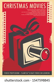 Christmas Movies Festival Retro Poster Design With Christmas Gift, Film Strips  And Movie Camera. Vintage Vector Illustration For Cinema Holiday Event On Red Background And Old Paper Texture. 