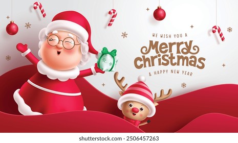 Christmas mrs claus characters vector banner design. Mrs claus and reindeer characters holding gift box and hanging xmas elements in paper cut wave origami. Vector illustration holiday season greeting