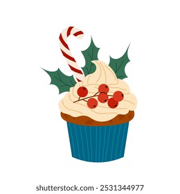 Christmas muffin with ilex berries and a caramel cane. Festive baking. Flat illustration of food on white background.