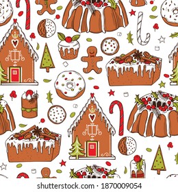 Christmas muffins, donuts, cakes and drinks. Vector seamless pattern.  