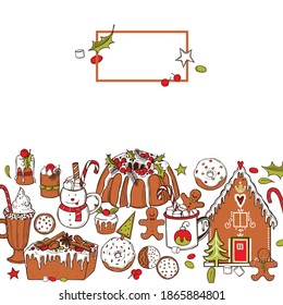 Christmas muffins, donuts, cakes and drinks.Vector  background. Sketch  illustration.
