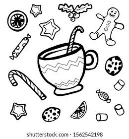 Christmas Mug with candy cane and cookies. Hand drawn vector stock illustration. Isolated on white background. Xmas sweets, cookies, cacao, candy cane, candies, marshmallow, cup, holly plant. Doodle.