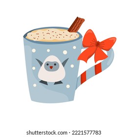 Christmas mug of cocoa drink. Winter hot drinks. Christmas beverage. Cocoa mug with cream, cinnamon. Coffee mug. Hot chocolate. For restaurant, bar, menu. Vector illustration
