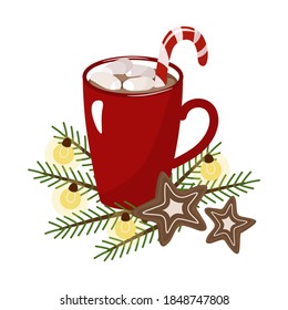 Christmas mug with cocoa, marshmallows and candy cane. Next to a garland, branches of a fir tree with ginger cookies in the form of a star. Vector holiday illustration on a white background.