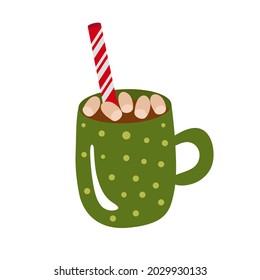 Christmas mug with cocoa, marshmallows and a red straw. Vector clipart, isolated illustration on a white background.