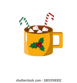  Christmas mug with cocoa and sweet cane. For decoration, postcards, shops, gifts. Vector drawing on a white background. 
