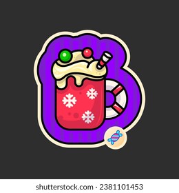 Christmas mug with coffee drink and caramel whipped cream. Red object on a purple background. Sticker in cartoon style. Vector illustration.