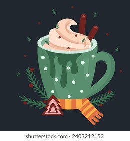 Christmas mug with creamy drink. Christmas mug with hot drink coffee, chocolate. Hand drawn Christmas coffee mug in flat style.