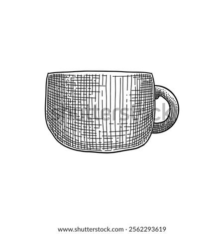 Christmas mug cup object . Hand drawn vector illustration. Xmas icon. Holiday engraved holly, mistletoe, wreath, sock, stocking, gift, fir tree, pine cone, gingerbread man cookie, bell bow on white