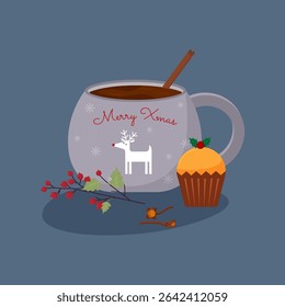 Christmas mug. Cute deer - drawing on the mug. Cup with hot cocoa or chocolate. New Year and Christmas. Muffin, decorative branch with berries. Vector illustration
