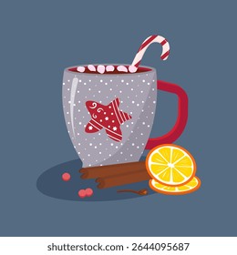 Christmas mug with decorative star. Cup of hot cocoa and marshmallows. New Year and Christmas. Orange slices, cloves, cinnamon and pink pepper. Vector illustration