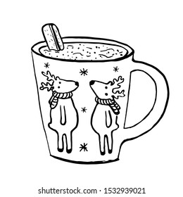 Christmas mug with deers. With aromatic coffee and a cinnamon stick. Vector image sketch. Can be used as a decorative element for greeting cards, invitations.