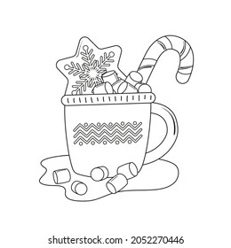 Christmas mug with gingerbread, marshmallow and candy cane.Coloring book.	