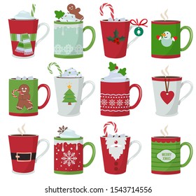 Christmas mug. Holiday decoration at vessel for hot drinks coffee latte or tea cup vector cartoon illustrations. Cup coffee and mug with hot chocolate