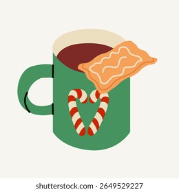 Christmas mug with hot chocolate, cookies and candy cane. Festive illustration for greeting cards, banners, invitations, textiles.