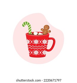 Christmas mug hot chocolate, winter cup with drink, cocoa, coffee, gingerbread man and marshmallow. Cartoon xmas food. Holiday breakfast illustration