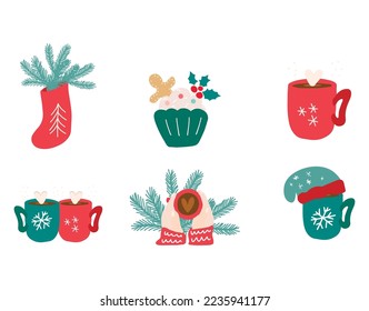 Christmas mug hot cocoa vector illistration set. Cute cartoon hot chocolate mug, elf hat, marshmallow, red socks, evergreen.