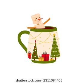 Christmas mug with hot drink and marshmallow man, hot chocolate cocktail. Vector cup with gifts and fir trees, winter holiday beverage