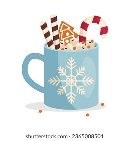 Christmas mug with hot drink. Marshmallow, chocolate chips, gingerbread, wafer rolls, lollipop. Vector graphic.