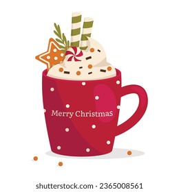 Christmas mug with hot drink. Whipped cream, chocolate chips, gingerbread cookies, wafer rolls, candy. Inscription Merry Christmas. Vector graphic.