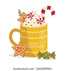 Christmas mug with hot drink. Whipped cream, chocolate chips, gingerbread cookies, candy, lollipop. Inscription Merry Christmas. Vector graphic.