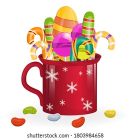 Christmas mug with sweets isolated on a white background. New year's sweet gift for greeting cards and greetings. Vector illustration in cartoon style. Red mug with snowflakes