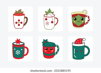 Christmas Mug Vector Line Art - Cartoon Clipart, Festive Mug Illustration

