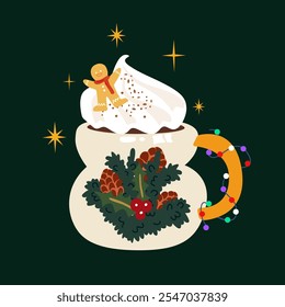 Christmas mugs of cocoa with marshmallows, whipped cream and cute gingerbread. Design for Christmas and New Year card, poster, banner, postcard, print