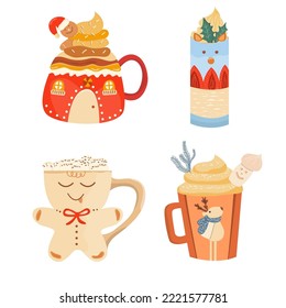 Christmas mugs set. Mugs of cacao with whipped cream, marshmallow, candy cane, cinnamon. Winter hot drinks. Christmas beverages collection. Coffee mug, tea, hot chocolate. Vector illustration