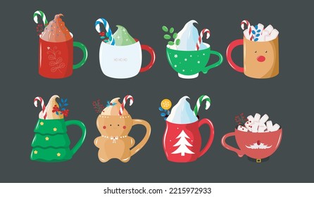 Christmas Mugs Set Delicious Cups Marshmallow Sweets Ginger Bread Whipped Cream Holidays New Year Santa Claus Deer Decoration Cosy Winter Home 