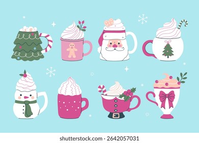 Christmas mugs with sweet drinks set. Vector graphics
