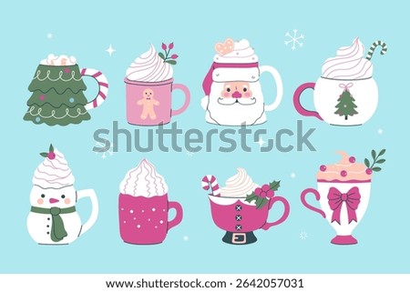Christmas mugs with sweet drinks set. Vector graphics
