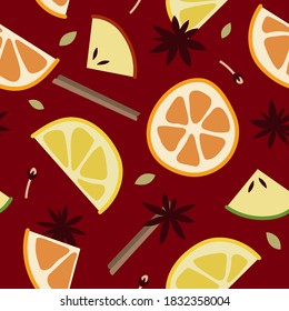 Christmas mulled red wine with citrus fruit, apple, cinnamon, clove, cardamom and anise. Sangria. Winter hot drink. Traditional xmas beverage. Vector seamless pattern, flat cartoon style