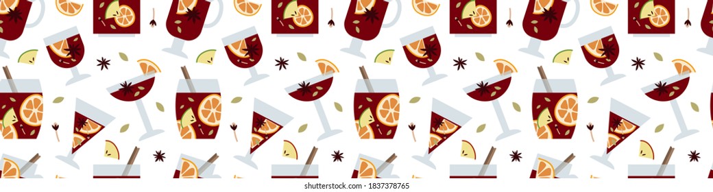 Christmas mulled red wine with citrus fruit, apple, cinnamon, clove, cardamom and anise. Sangria. Winter hot drink in glass. Traditional xmas beverage. Vector seamless pattern, flat cartoon style