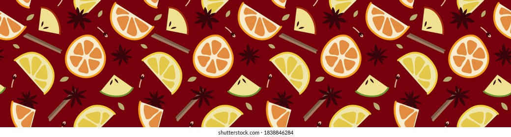 Christmas mulled red wine with citrus fruit, apple, cinnamon, clove, cardamom and anise. Sangria. Winter hot drink. Traditional xmas beverage. Vector seamless pattern, flat cartoon style