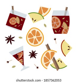 Christmas mulled red wine with citrus fruit, apple, cinnamon, clove, cardamom and anise. Sangria. Winter hot drink. Traditional xmas beverage. Vector flat cartoon illustration
